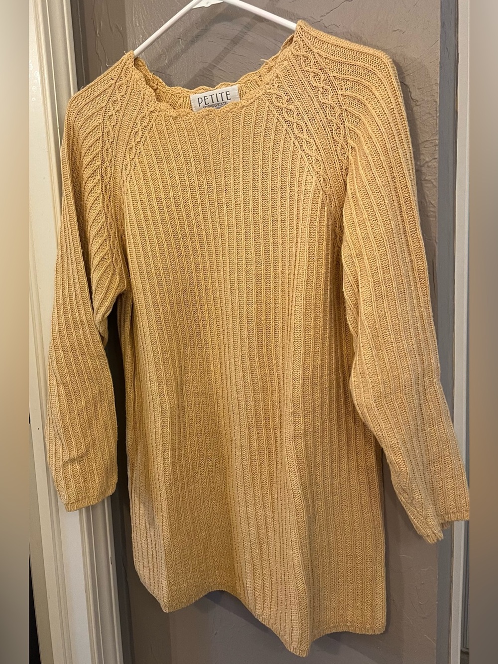 Petite Sophisticate Scalloped Crew Rib-Knit Sweater in Vibrant Buttery Yellow